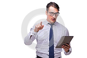The businessman using his tablet computer isolated on white