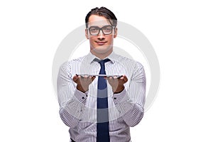 The businessman using his tablet computer isolated on white