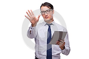 The businessman using his tablet computer isolated on white