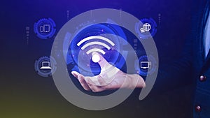 Businessman using holding with wifi icon. Social network business communication concept, Wifi wireless concept free network