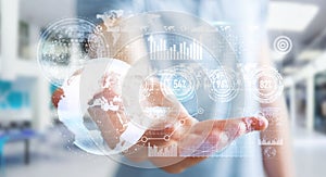 Businessman using hologram screen with digital datas 3D rendering