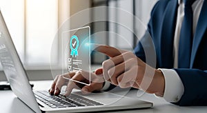 Businessman Using Holographic Interface for Instant Digital Certification Approval
