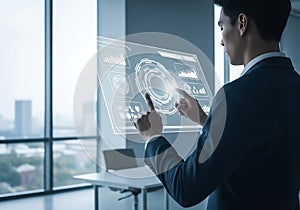 Businessman using interactive touch screen