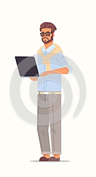 Businessman using laptop business man working on notebook male cartoon character standing pose