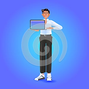 businessman using laptop male cartoon character with notebook social media network concept