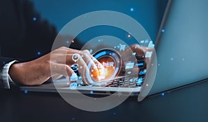 businessman using laptop online shopping and payment on hologram virtual screen connection process by AI artificial intelligence