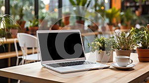 Mockup image of laptop with blank white screen on wooden table in cafe. AI Generated