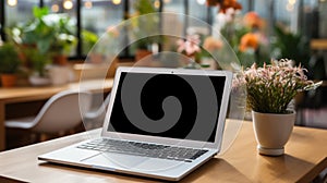 Mockup image of laptop with blank white screen on wooden table in cafe. AI Generated