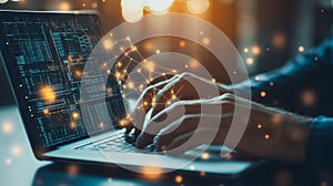 Businessman using laptop surrounded by digital technology and data center background