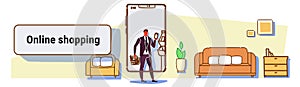 Businessman using mobile app online shopping concept man choosing food grocery shop smartphone screen modern living room