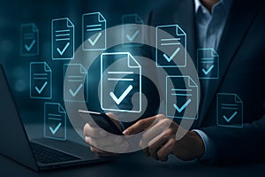 Businessman using mobile phone for digital document approval workflow