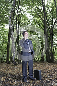 Businessman Using Mobile Phone In Forest