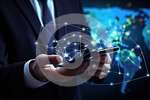 Businessman using mobile phone with world map and connection lines on dark background, Businessman hand using a smart phone with a