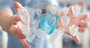 Businessman using modern data shield antivirus 3D rendering