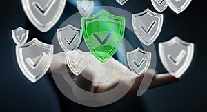 Businessman using modern data shield antivirus 3D rendering