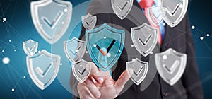 Businessman using modern data shield antivirus 3D rendering