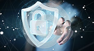 Businessman using modern data shield antivirus 3D rendering