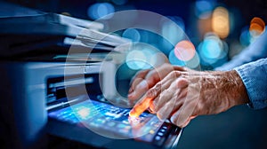 Businessman using a multifunction laser printer at night, tapping on the touchscreen panel in an office environment