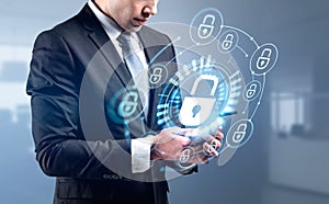 Businessman using phone, cybersecurity hologram and data protection