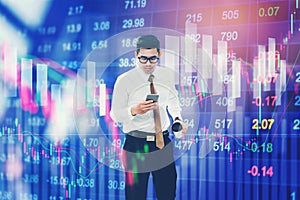 Businessman using smart phone on digital stock market financial