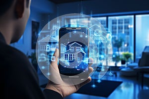 Businessman using smart phone with house hologram on screen. 3D rendering