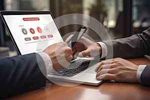 businessman using smart phone and laptop computer with social media diagram on screen, Businessman's hand using