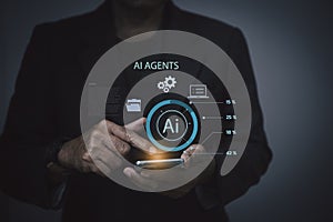 Businessman using smartphone with AI agents interface, digital technology, and data