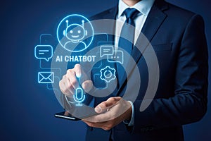 Businessman using a smartphone with AI chatbot interface and icons artificial intelligence virtual assistant