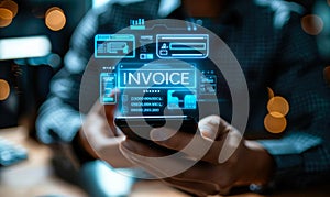 Businessman Using Smartphone App for Digital Invoicing and Billing with a Futuristic Augmented Reality Interface