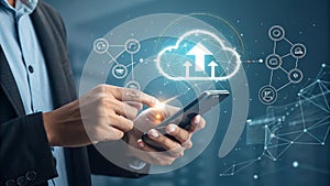 Businessman using smartphone with cloud computing and network connection