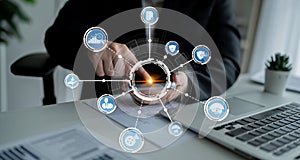 Businessman Using Smartphone with Digital Interface Representing Data Analysis, Security, and Technology in Modern