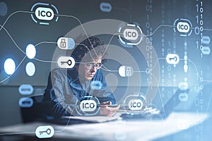 Businessman using smartphone, ICO icons, cryptocurrency and digital lines