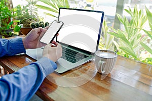 Businessman using smartphone and laptop with blank screen in cafe with wooden table and ornamental plants.