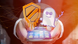 Businessman using a smartphone with a Meltdown and Spectre processor attack with network connection - 3d render