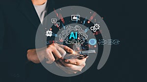 Businessman using smartphone with virtual AI interface, symbolizing artificial intelligence, data technology, digital