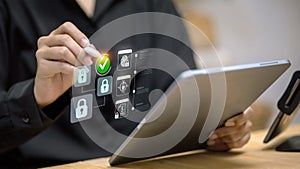 Cybersecurity Data Protection on Tablet with Digital Lock Icons