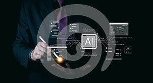 Businessman using tablet with AI chatbot interface. Artificial intelligence digital customer support concept. Smart technology for