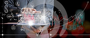 Businessman using tablet and analysis sale data graph growth