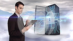 Businessman using tablet computer in front of server tower on sky background