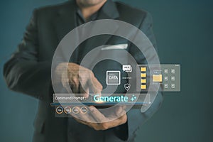Businessman using tablet with generative AI interface for content creation. Technology concept of artificial intelligence software
