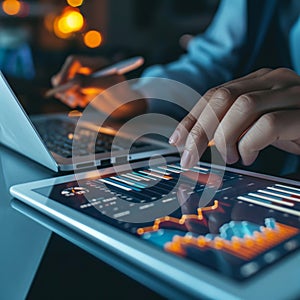 Businessman using tablet and laptop analyzing sales data