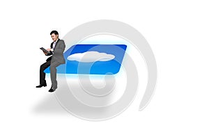 Businessman using tablet sitting on cloud icon with white background