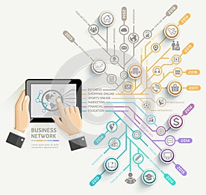 Businessman using tablet timeline infographic template.