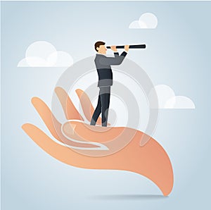 Businessman using a telescope on big hand vector, business concept