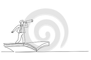 businessman using telescope on flying book. Knowledge, references, opportunity, vision in business. Single line art