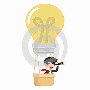 Businessman using a telescope with hot air balloon concept