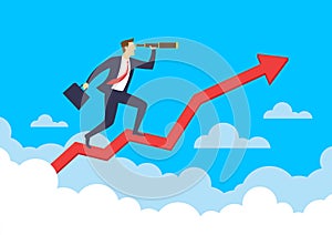 Businessman using telescope on rising graph arrow chart, Searching business goal, Growth and prediction to success