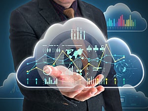 Businessman using virtual cloud financial management system