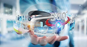 Businessman using virtual reality glasses technology 3D rendering