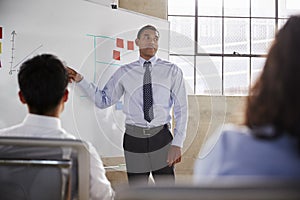 Businessman using whiteboard during presentation, close up